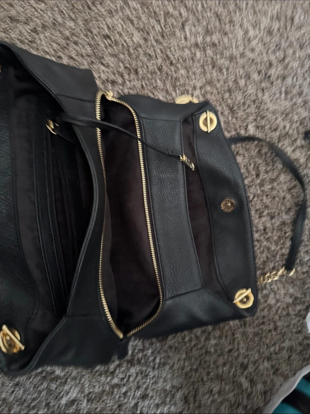 Michael Kors Black Leather Shoulder Bag with Gold Chain Trim